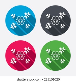 Honeycomb with bees sign icon. Honey cells symbol. Sweet natural food. Circle buttons with long shadow. 4 icons set. Vector