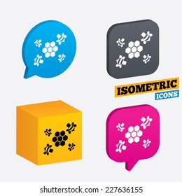 Honeycomb with bees sign icon. Honey cells symbol. Sweet natural food. Isometric speech bubbles and cube. Rotated icons with edges. Vector