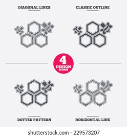 Honeycomb with bees sign icon. Honey cells symbol. Sweet natural food. Diagonal and horizontal lines, classic outline, dotted texture. Pattern design icons.  Vector