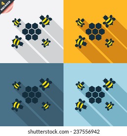 Honeycomb with bees sign icon. Honey cells symbol. Sweet natural food. Four squares. Colored Flat design buttons. Vector