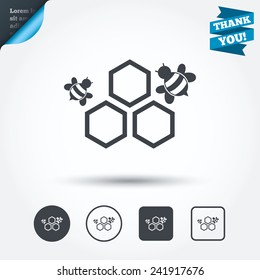 Honeycomb with bees sign icon. Honey cells symbol. Sweet natural food. Circle and square buttons. Flat design set. Thank you ribbon. Vector