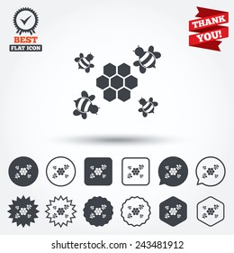 Honeycomb with bees sign icon. Honey cells symbol. Sweet natural food. Circle, star, speech bubble and square buttons. Award medal with check mark. Thank you ribbon. Vector