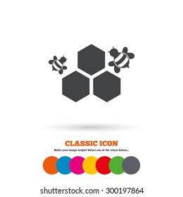 Honeycomb with bees sign icon. Honey cells symbol. Sweet natural food. Classic flat icon. Colored circles. Vector