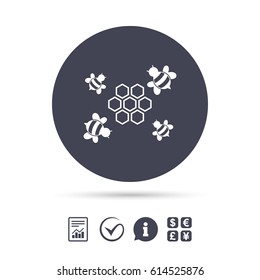 Honeycomb with bees sign icon. Honey cells symbol. Sweet natural food. Report document, information and check tick icons. Currency exchange. Vector