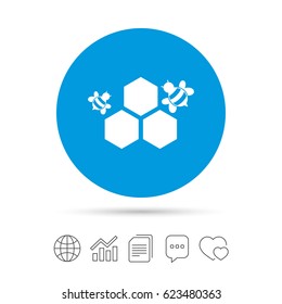 Honeycomb with bees sign icon. Honey cells symbol. Sweet natural food. Copy files, chat speech bubble and chart web icons. Vector