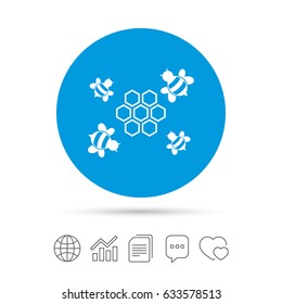 Honeycomb with bees sign icon. Honey cells symbol. Sweet natural food. Copy files, chat speech bubble and chart web icons. Vector