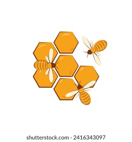 Honeycomb with bees, vector in flat style. Beekeeping, healthy organic products. Illustration isolated on a white background, eps 10.