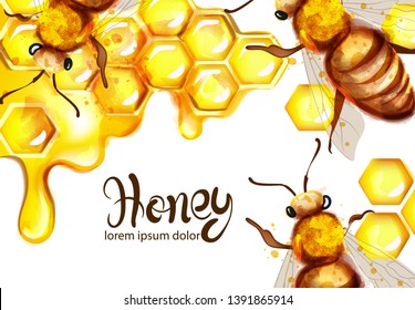 Honeycomb and bees Vector watercolor template. white backgrounds