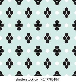 Honeycomb in black on a neo-mint background. A simple geometric figure widely spaced on a neo mint backdrop. Seamless endless pattern with modern graphic design ready for print. Monochrome screen.