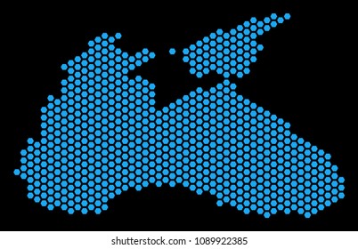 Honeycomb Black Sea map. Vector territorial plan on a black background. Abstract Black Sea map collage is formed of hexagonal elements.