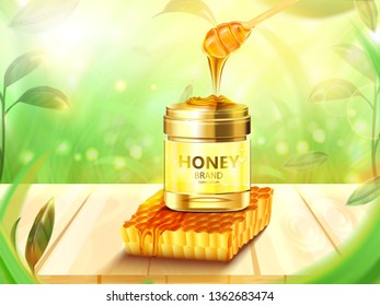 Honeycomb and Bottle honey on wooden floor with leaves and forest background