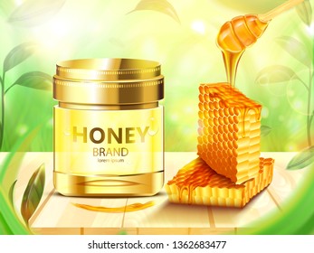 Honeycomb and Bottle honey on wooden floor with leaves and forest background