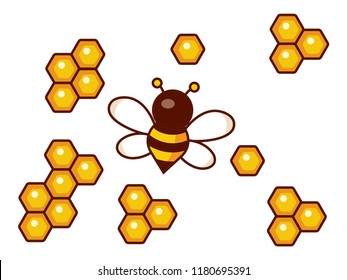 Honeycomb and bumblebee flying and working over them in flat style