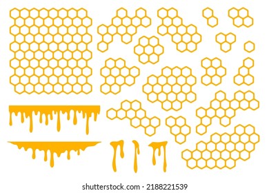 Honeycomb bundle. Orange beehive background. Hive cells. Geometric hexagon shapes. Bee honey set. Vector illustration isolated on white background