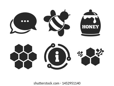 Honeycomb cells with bees symbol. Chat, info sign. Honey icon. Sweet natural food signs. Classic style speech bubble icon. Vector