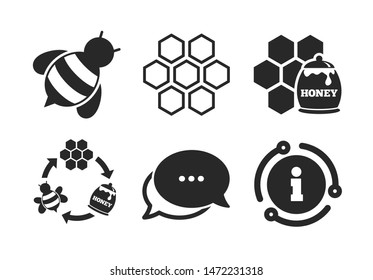 Honeycomb cells with bees symbol. Chat, info sign. Honey icon. Sweet natural food signs. Classic style speech bubble icon. Vector