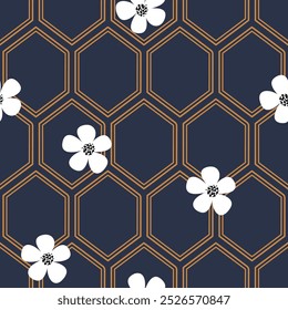 Patrón de Vector sin fisuras de líneas geométricas de células de nido de abeja. Geometría lineal patrón de rejilla de azulejo de diamante azul oscuro con flores rústicas. Patrón de textura de mosaico de acentos florales.