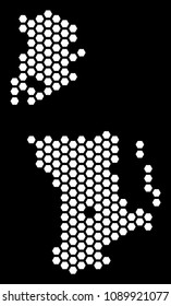 Honeycomb Chinese Macau map. Vector territory scheme on a black background. Abstract Chinese Macau map composition is constructed of hexagonal items.