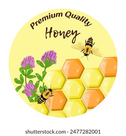 Honeycomb with clovers. Sweet honey and bees. Logo for shop or bakery. Flat vector illustration isolated on white background.