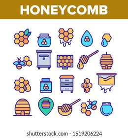 Elementos de la colección Honeycomb Iconos Set Vector Thin Line. Enjambre De Abejas, Abeja Y Dulces, Néctar Y Pictogramas Lineales Conceptos De Honeycomb. Ilustraciones de contorno monocromo de apicultura