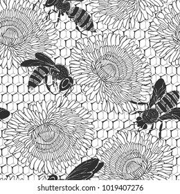Honeycomb,  dandelions and bees on white background. Seamless  pattern. Hand-drawn vector illustration. Nature abstract background.