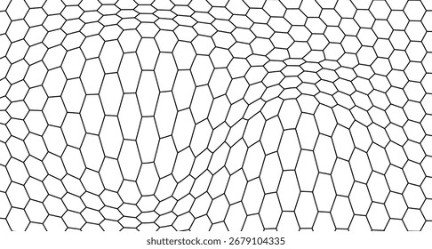 Honeycomb distorted hexagon seamless pattern. Black outlined irregular hexagonal grid creating 3D warped effect on white. Abstract vector design for modern wallpapers, textiles, and digital graphics.