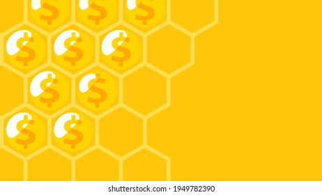 Honeycomb with dollar sign. Abstract Business yellow background. The concept of profit, income, money and savings. The metaphor of collecting money is like collecting honey in honeycomb.