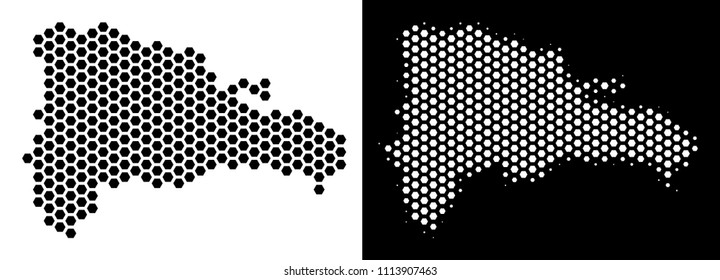 Honeycomb Dominican Republic map. Vector territory scheme in black and white variants. Abstract Dominican Republic map concept is constructed from hex-tile pixels.