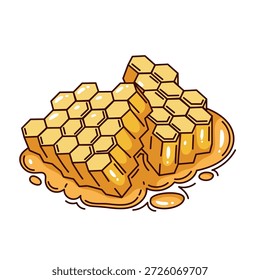 Honigwabe mit tropfendem Honig, sechseckige Zellen, goldene Honigtextur, süßer Honigfutter Detail. Natürliche Wabenform, Honigkonzept. Cartoon, Vektorgrafik einzeln.