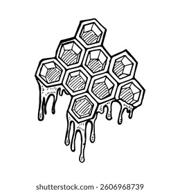Honeycomb with dripping honey liquid hand-drawn doodle vector.