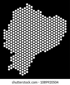 Honeycomb Ecuador map. Vector territory plan on a black background. Abstract Ecuador map composition is constructed of hex-tile elements.