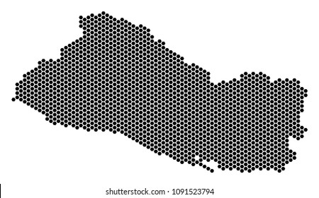 Honeycomb El Salvador map. Vector territory plan on a white background. Abstract El Salvador map composition is made from hex-tile spots.