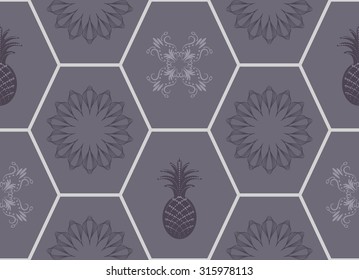 Honeycomb floor tile seamless vector pattern. Rosette and pineapple decoration ornament details. Repeatable elegant  violet background