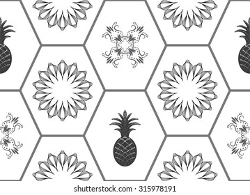 Honeycomb floor tile seamless vector pattern. Rosette and pineapple decoration ornament details. Repeatable black and white background