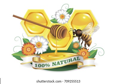 Honeycomb, flowers and bee. 100% natural honey