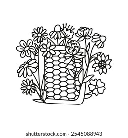 Honeycomb with flowers doodle arrangement. Hand drawn doodle illustration.