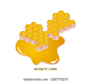 honeycomb and flowing honey bee on white background.