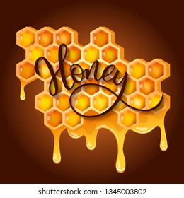 Honeycomb with flowing honey and  original hand lettering  Organic Honey on a brown background. Vector illustration print and web projects. 