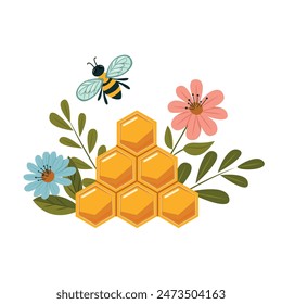 Honeycomb with flying bee cartoon on white background. Vector illustration. Hexagonal honeycomb with bee and sweet honey inside.