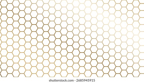 Honeycomb gold seamless pattern. Shiny golden hexagonal grid on black background with metallic gradient effect. Vector luxury geometric texture for backgrounds, wallpapers, graphic design,