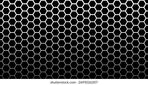 Honeycomb gradient hexagon seamless pattern. White hexagonal grid on black background with fading gradient effect. Vector geometric texture for backgrounds, wallpapers, and digital graphic design.