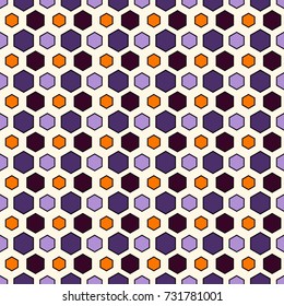 Honeycomb grid abstract background in Halloween traditional colors. Repeated irregular hexagon wallpaper. Seamless surface pattern with classic geometric ornament. Vector art