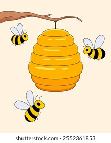 Honeycomb Haven: Una encantadora ilustración de una colmena de abejas colgando de una rama, rodeada de tres abejas ocupadas. Los vibrantes colores amarillo y negro aportan un toque alegre y lúdico.