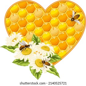Honeycomb heart with flowers.Color vector illustration with honeycomb heart with bees and daisies decor.