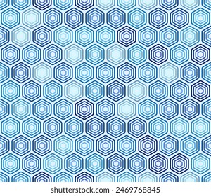 Honeycomb hexagon cells background. Blue color tones with gradients. Bold stacked rounded hexagons mosaic cells. Hexagonal shapes. Seamless pattern. Tileable vector illustration.