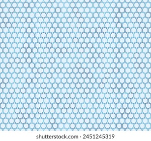 Honeycomb hexagon cells background. Bold rounded hexagons mosaic pattern. Blue color tones. Hexagon shapes. Seamless pattern. Tileable vector illustration.