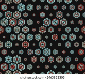 Honeycomb hexagon cells background. Multicolored geometric elements of varied size. Bold rounded stacked hexagons mosaic pattern. Hexagonal shapes. Tileable pattern. Seamless vector illustration.