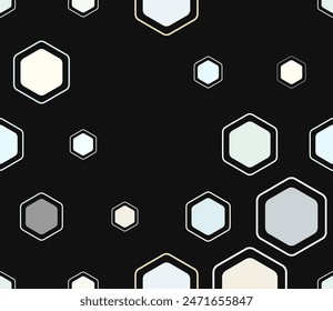 Honeycomb hexagon cells background. Multicolored geometric elements of varied size. Rounded hexagons mosaic pattern with inner solid cells. Large hexagons. Tileable pattern.