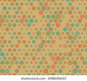 Honeycomb hexagon cells background. Multicolored geometric elements of varied size. Bold rounded stacked hexagon cells. Honeycomb geometric shapes. Tileable pattern. Seamless vector illustration.