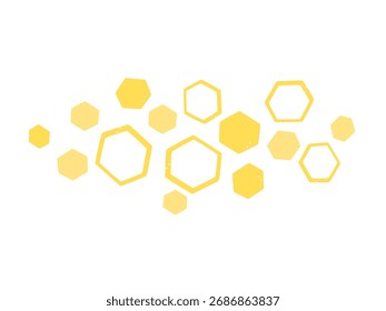 O hexágono de favo de mel se agrupa em células quentes amarelas, desenhadas à mão e contornos em formas brancas e minimalistas inspiradas em abelhas para fundos, embalagens, rótulos, adesivos e marcas naturais doces.